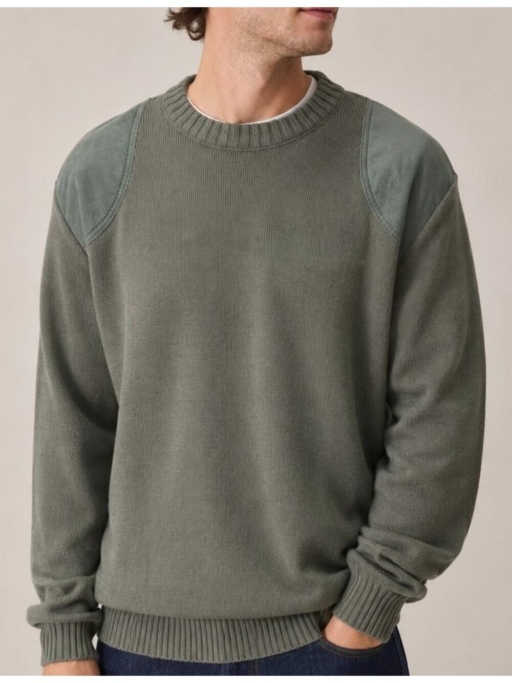 BARBOUR Olive Green Vintage Pure Wool Suede Leather Patch Men's Sweater Size XL